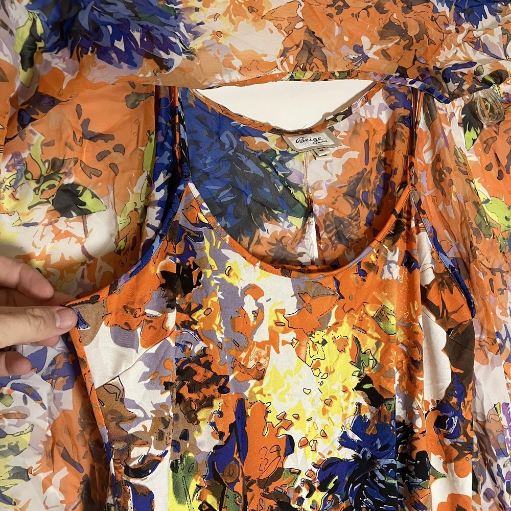 Beige by eci Blouse Womens Medium Orange Multi Floral Sheer Poncho Top 2 Piece M - Picture 7 of 16